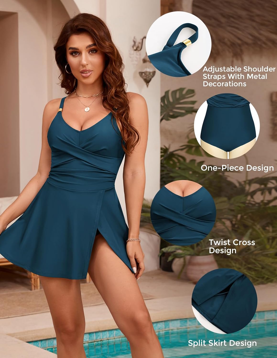 Hanna Nikole Womens One Piece Swimsuits,Tummy Control Bathing Suit,Gold Metal Criss Cross Swimdress,Skirted Swimwear - Image 5