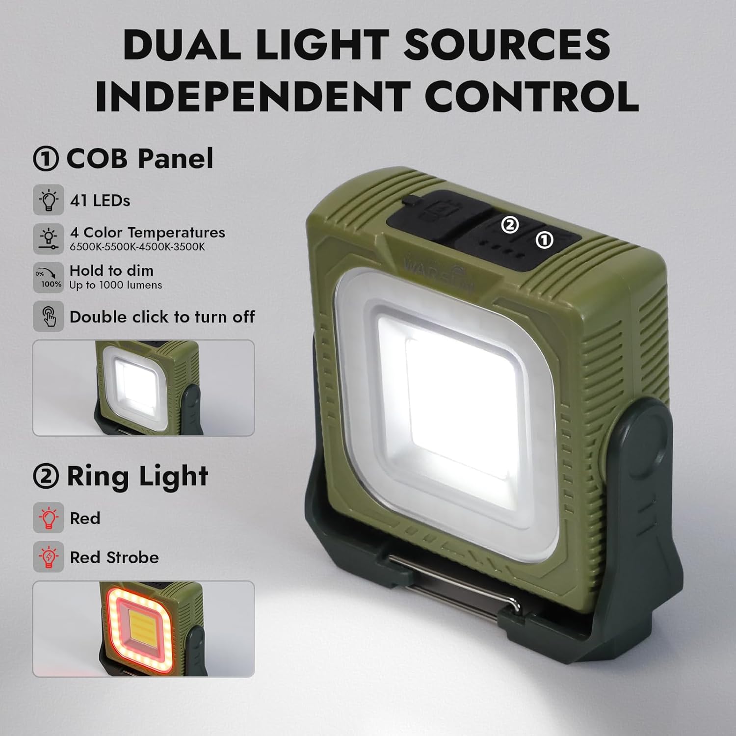 WARSUN Rechargeable Camping Lantern 1000 Lumens, Portable LED Work Light with Magnetic Base & 360° Hook, 4 Color Temperatures, Red Warning Mode for Camping Hiking Emergency