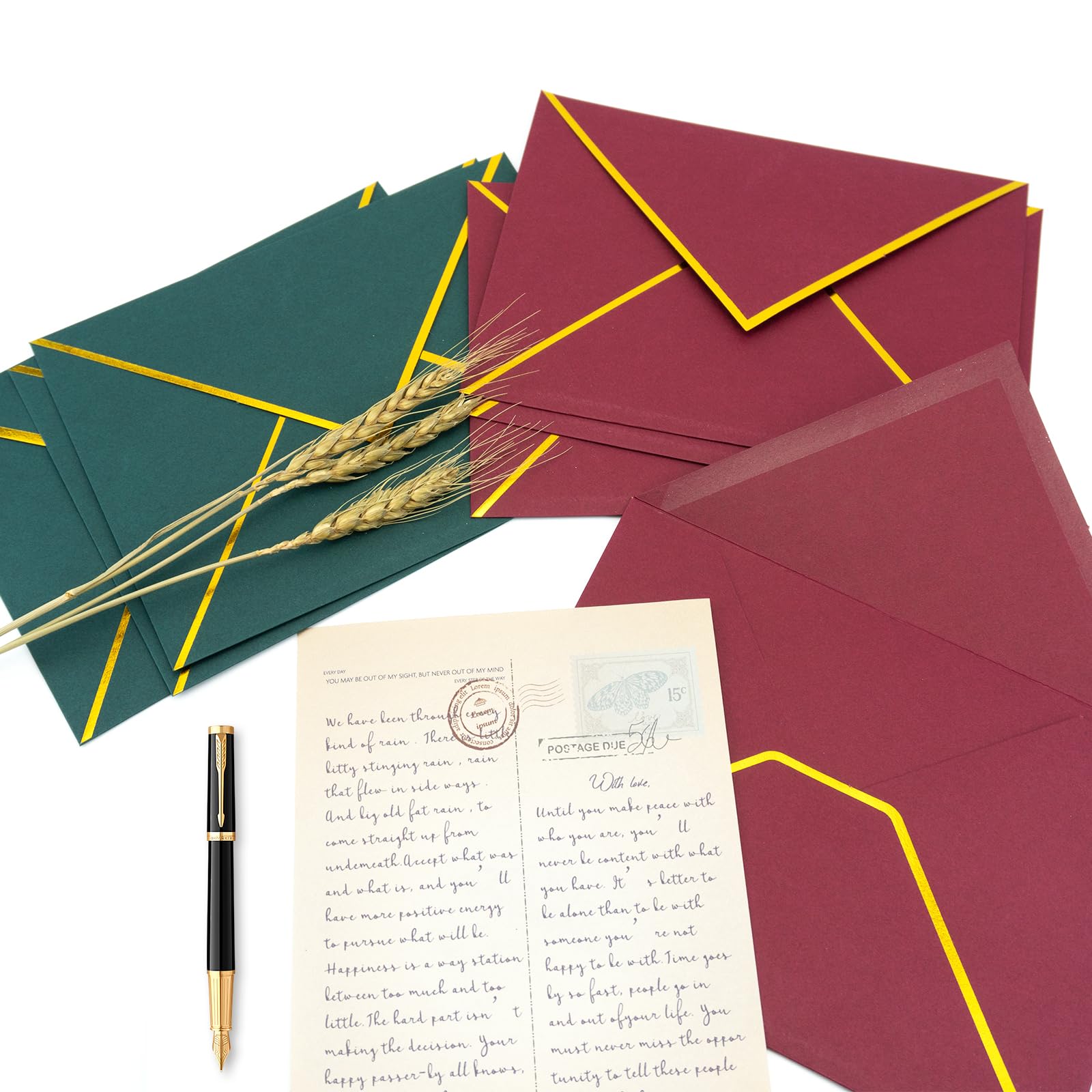 Quacc 30 sobres de Navidad A7 de 5 x 7 con borde dorado, solapa en V, sobres de invitación para tarjetas de regalo de boda, fiesta de cumpleaños, graduaciones (borgoña y verde oscuro)