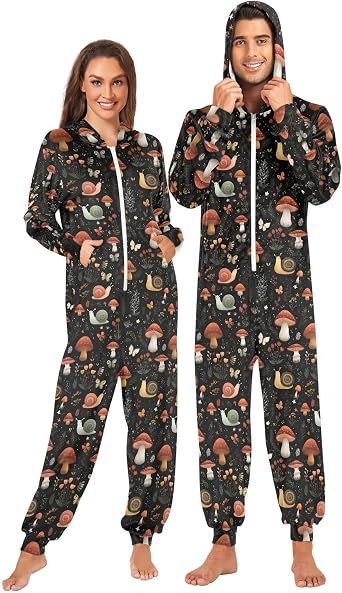 One Piece Unisex Adult Pajamas Womens Mens Hoodie Couples Romper Mushroom Snails Loungewear