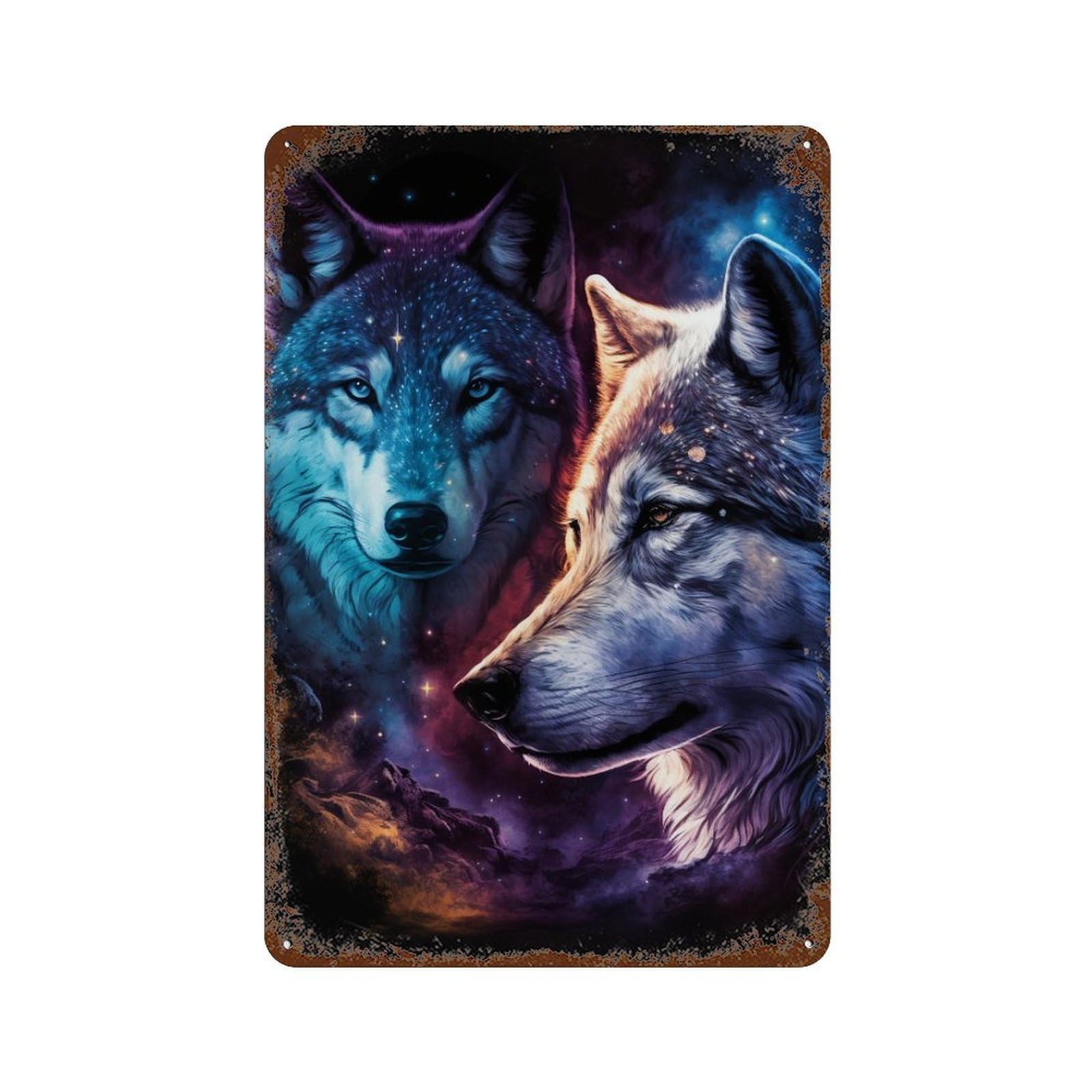 Rust Effect Galactic Wolf Duo Art Print Rusty Metal Tin Sign 11.8"x7.9", Industrial Home Decor for Living Room, Hallway And Home Decor