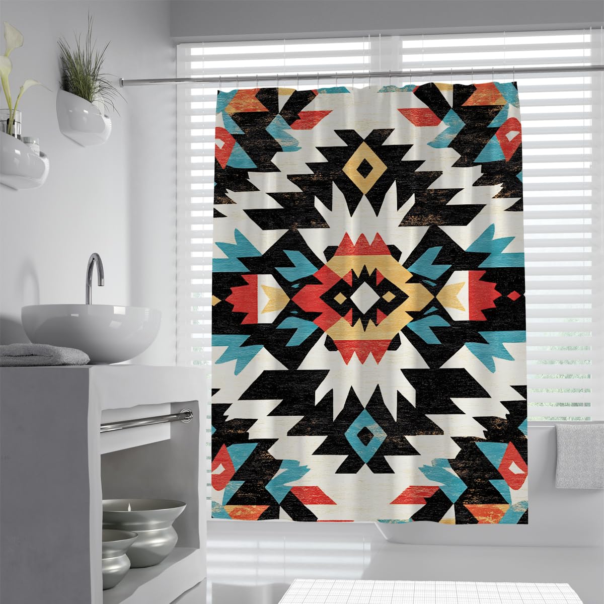 UERWOWELL Retro Ethnic Shower Curtain Traditional Geometric Shower Curtain Zigzag Pattern Fabric Bathroom Curtains Water-Repellent & Washable W180xL180 cm