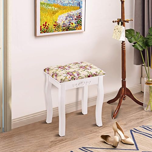 Miniatura 8 de Giantex Taburete de tocador de madera, silla acolchada, asiento de piano de maquillaje, banco de maquillaje con cojín rosa (blanco) Negro -,Blanco
