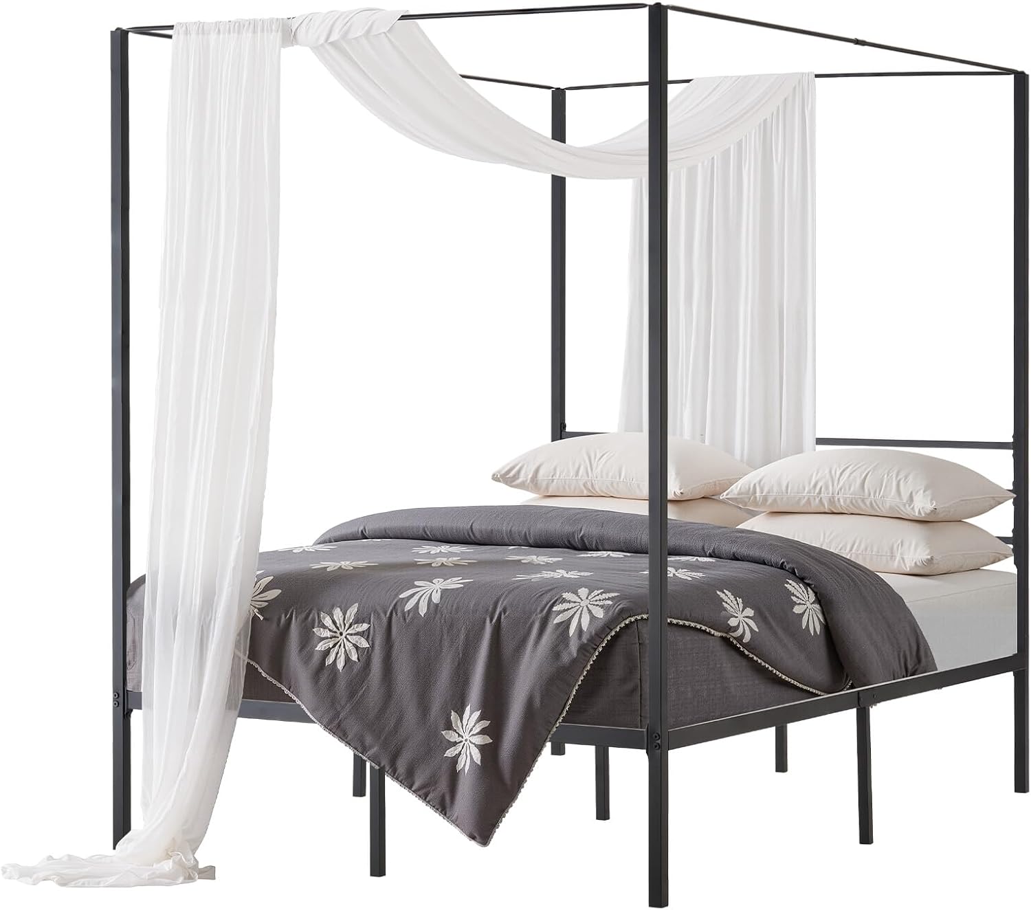 VEVOR Canopy Bed Frame Full Size, Metal Canopy Bed with Four Posters Design, Heavy Duty Steel Slats Support, Underbed Storage Space, No Box Spring Needed, Easy Assembly, Black