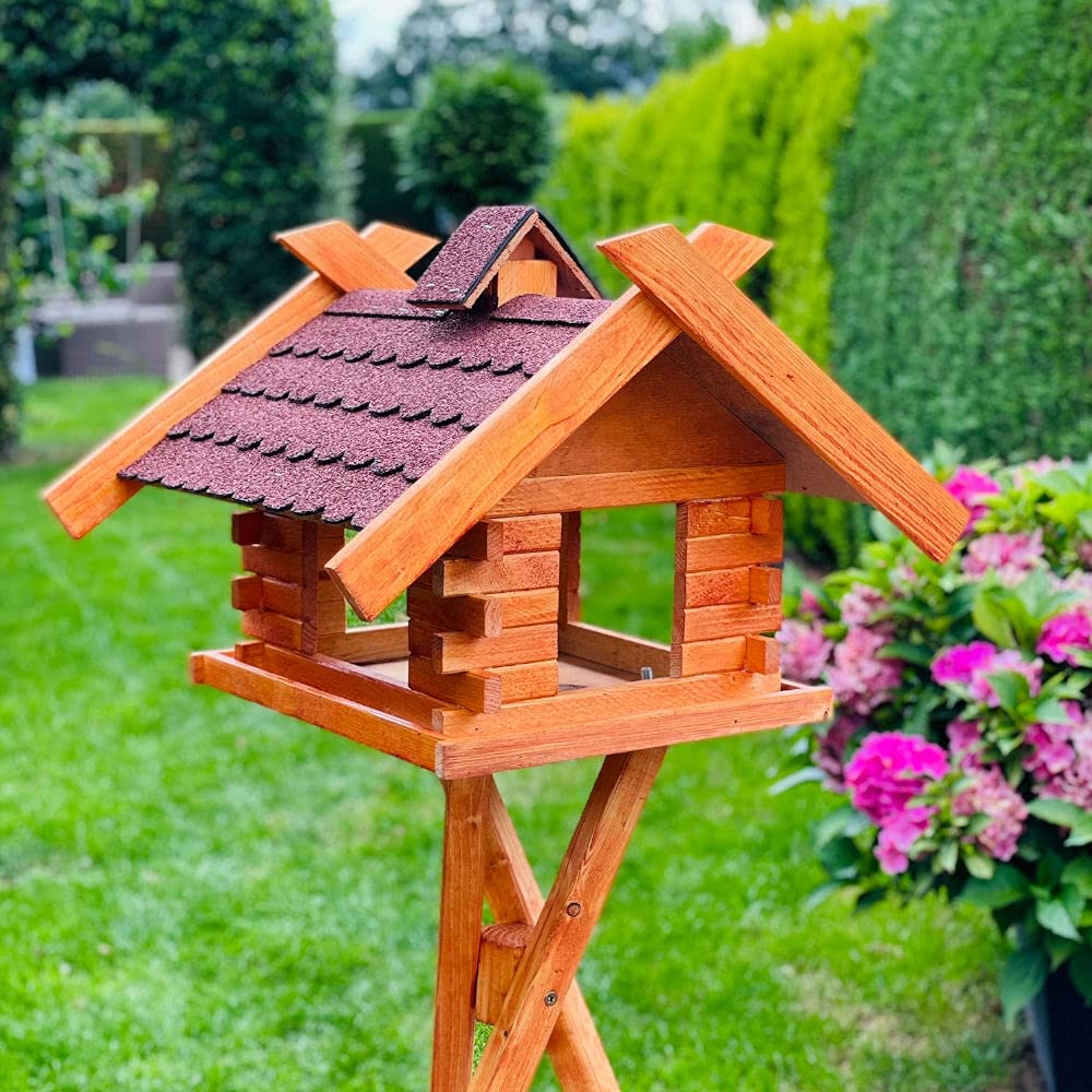Rechteckiges Vogelhaus M - XL wetterfest aus Holz Vogel Futterstelle Haus mit und ohne Ständer (Größe XL mit Ständer, Rot - Braun)