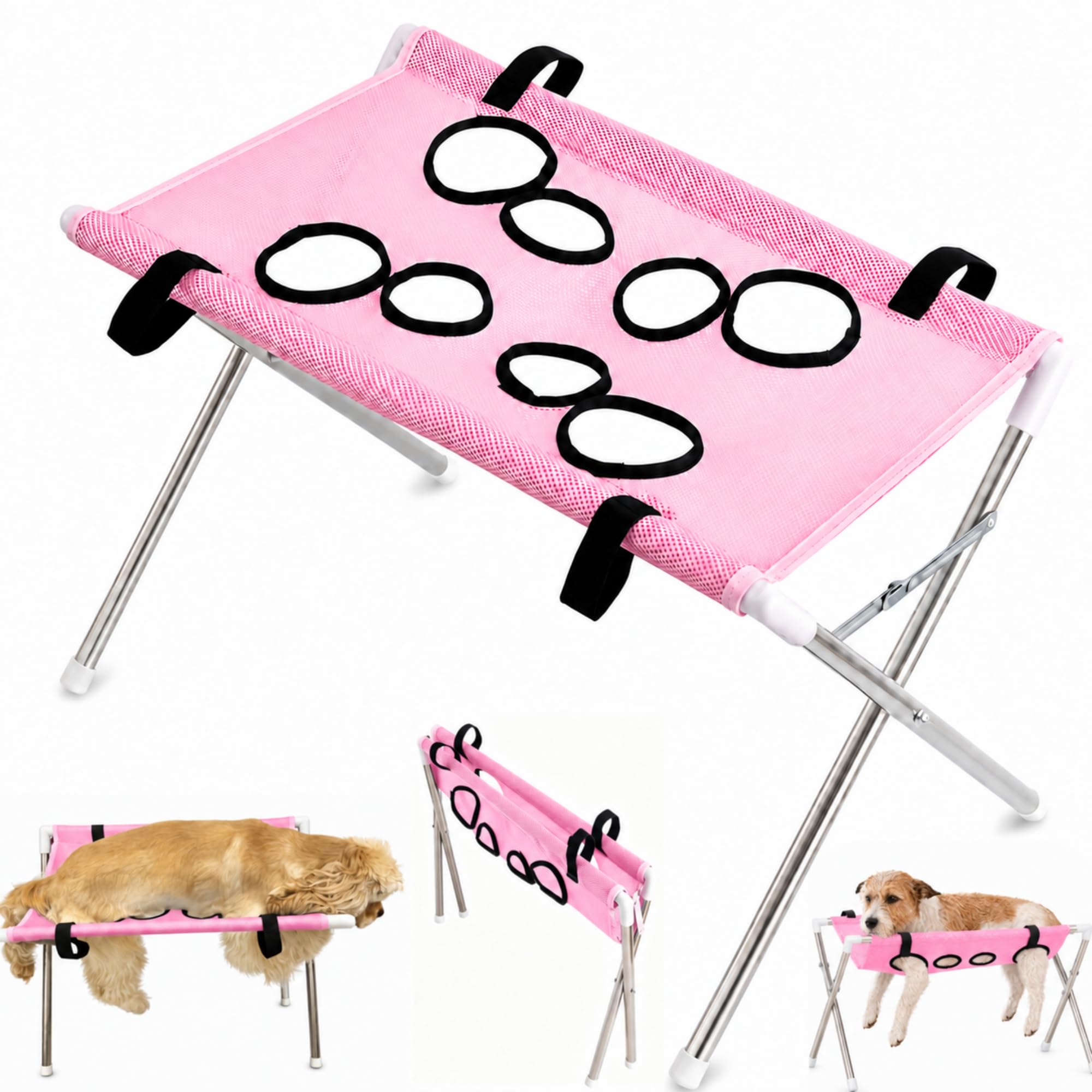 Dog Grooming Hammock with Stand, Foldable Pet Grooming Table with Washable Mesh, Freestanding Bathing and Nail Trimming Station for Small and Medium Dogs and Cats，Pink：Standard Style