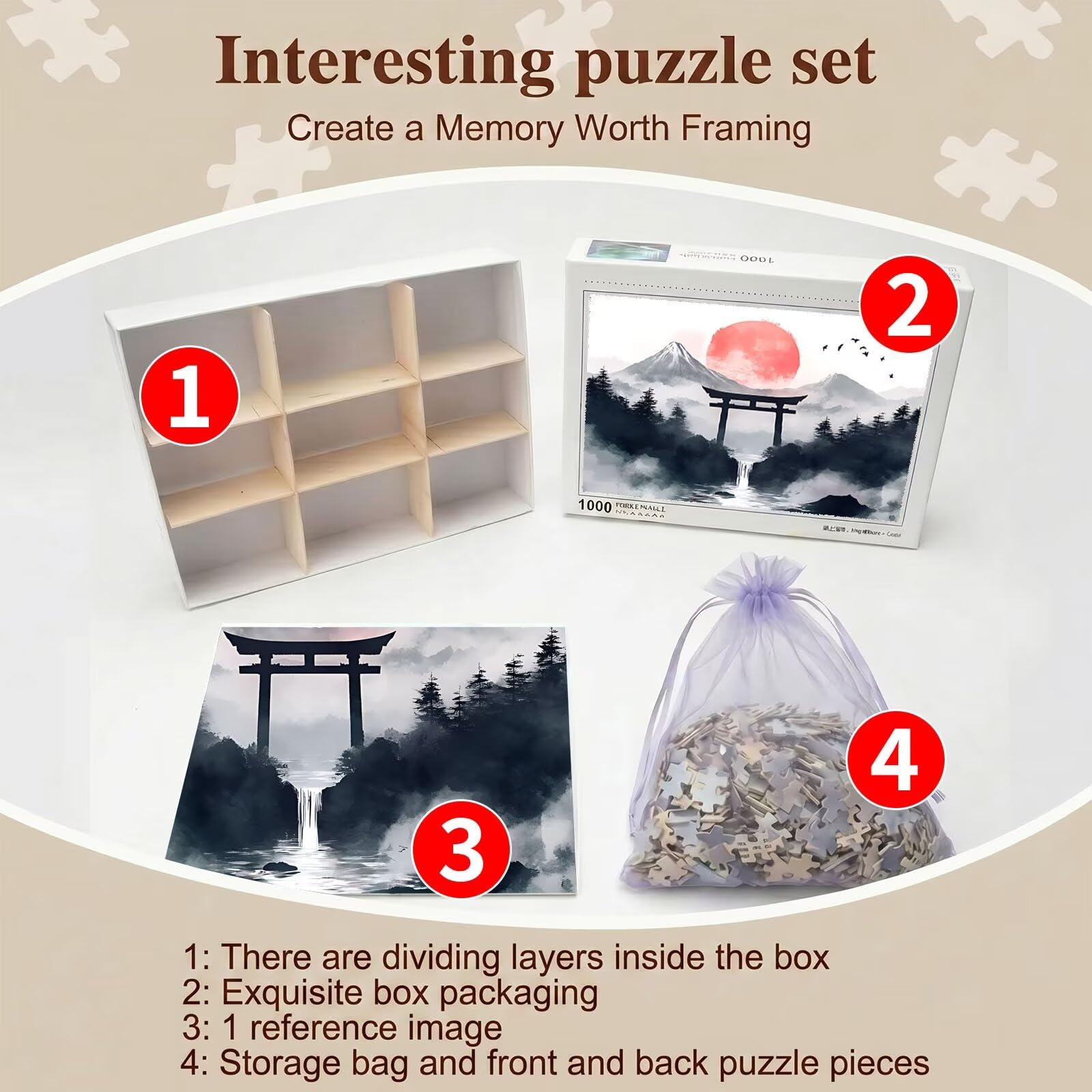 Japonia Krajobraz Puzzle 1000 sztuk, Drewniane Rodzinne Gra Planszowa - Puzzle Dla Dorosłych Dla Całej Rodziny, Puzzle Edukacyjne DIY i Antystresowe - z mapą referencyjną, 75 x 50 cm F0-845