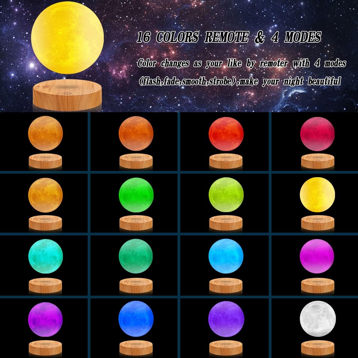 Floating Moon Lamp 16 Colors Levitating Spinning LED Moon Light Magnetic Levitation 3D Printing Moon Night Lights Unique Gifts Room Office Table Decorative Lamp