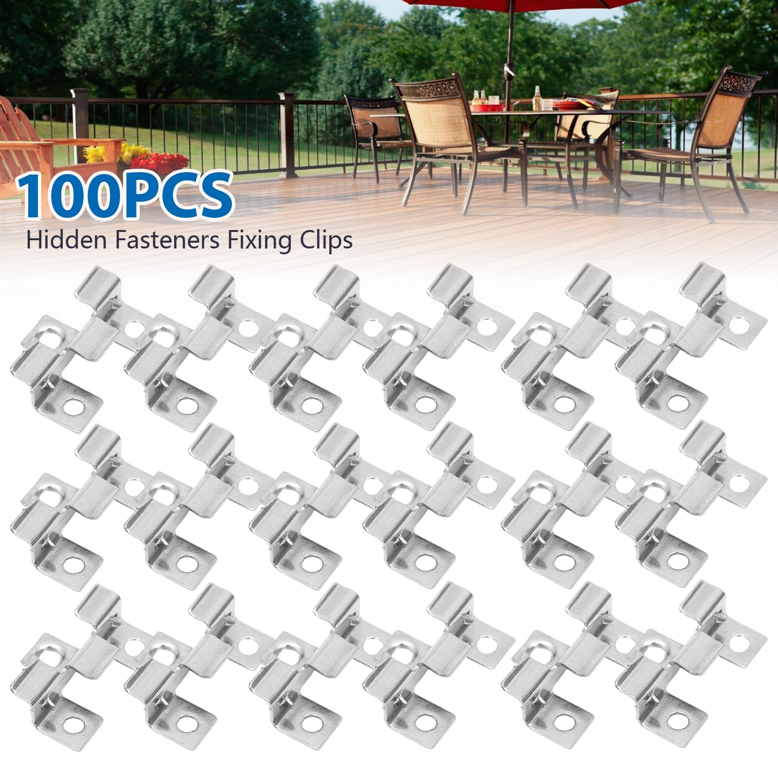 100 clip per terrazze in acciaio inox, a forma di U, clip di fissaggio con ardiglione, per assi in WPC da esterni, per pavimenti in legno di bambù, giunti di dilatazione da 4 mm (argento, 7 mm)