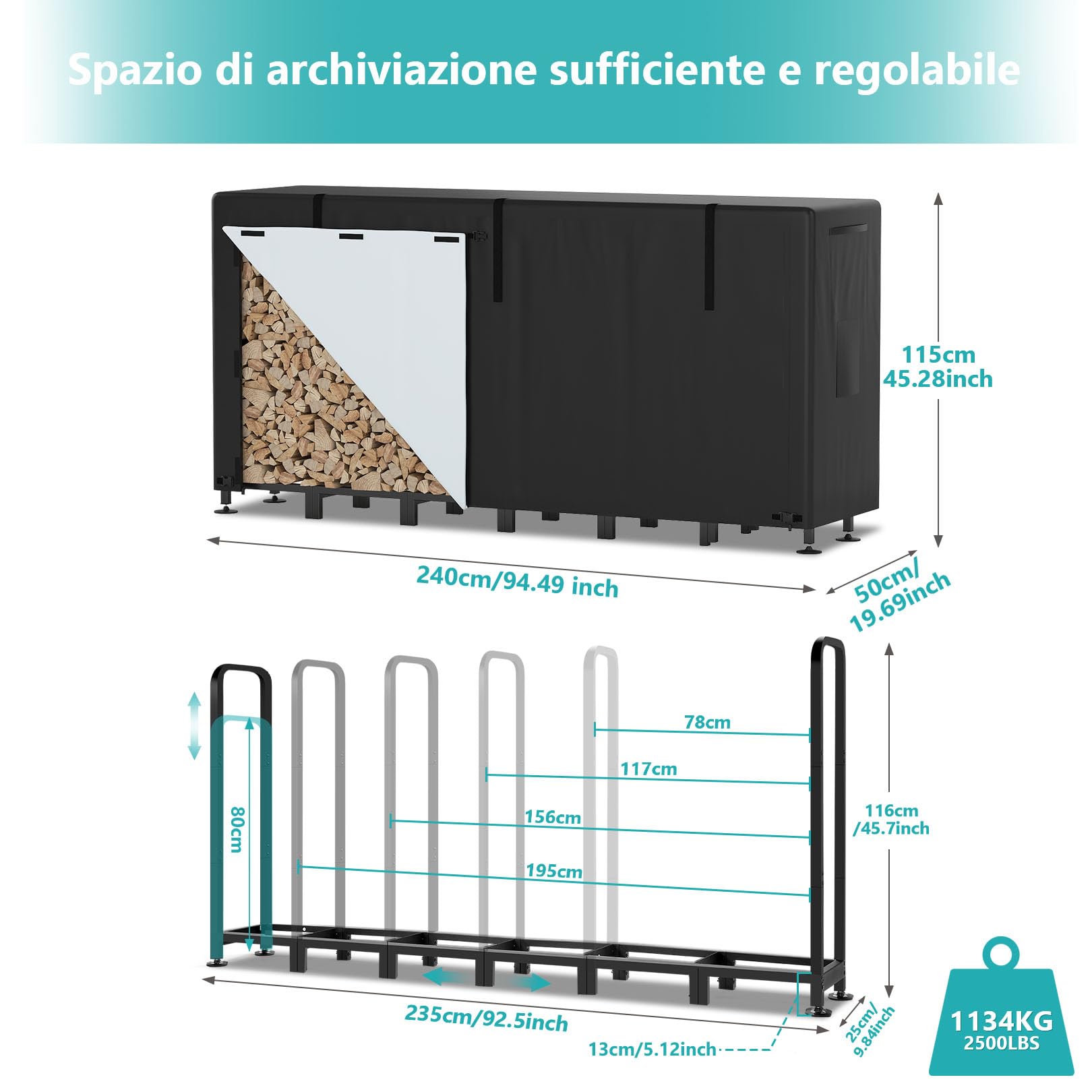 Himimi® 2 pezzi Portalegna da Esterno in Metallo con Copertura Impermeabile, Rastrelliera Regolabile 235 x 25 x 116cm, Portata 1134 kg, Legnaia da Giardino per Legna da Ardere