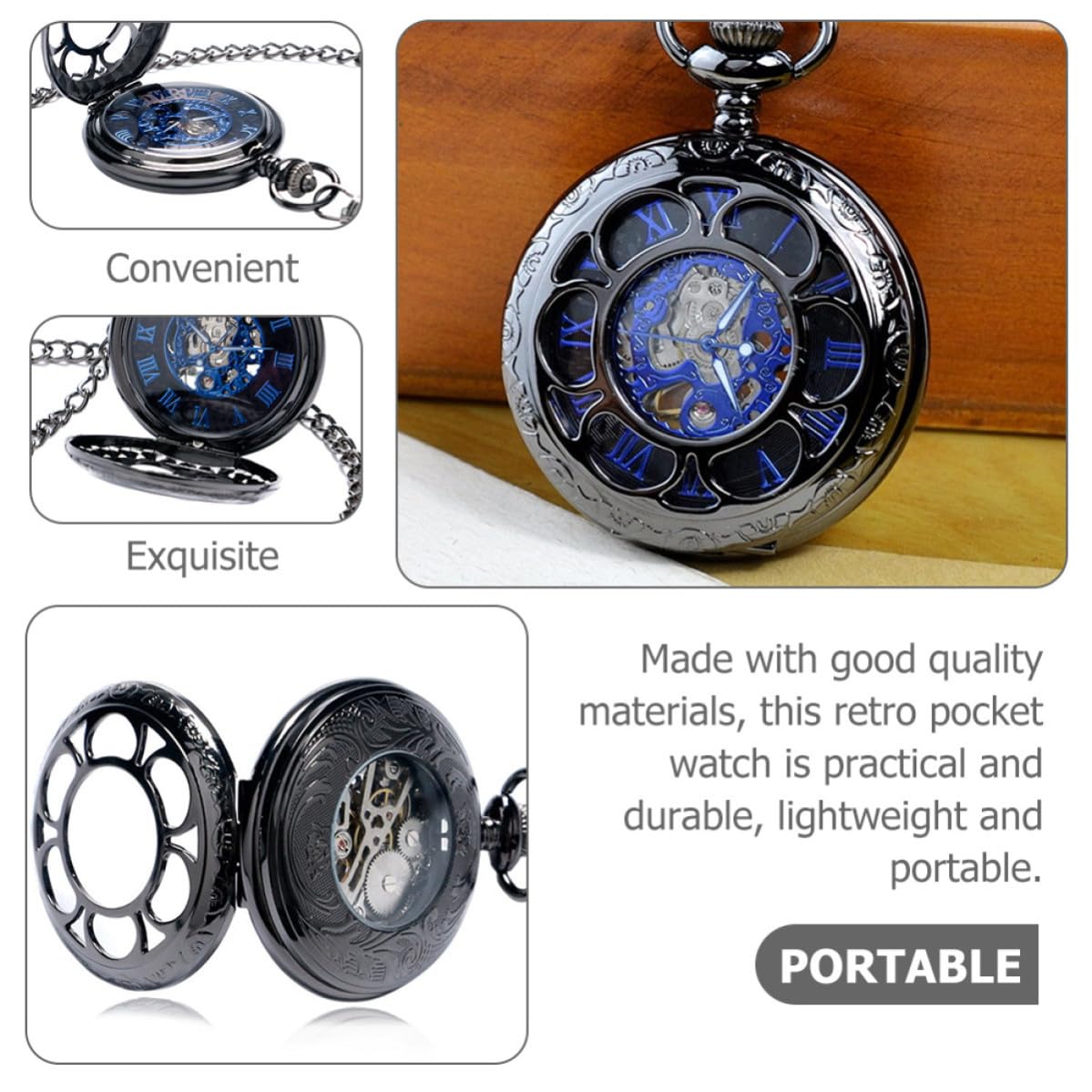 INOOMP Reloj de Bolsillo Mecánico Retro Números Romanos y Estructura Resistente, Diseño Vintage Portátil para Uso Diario