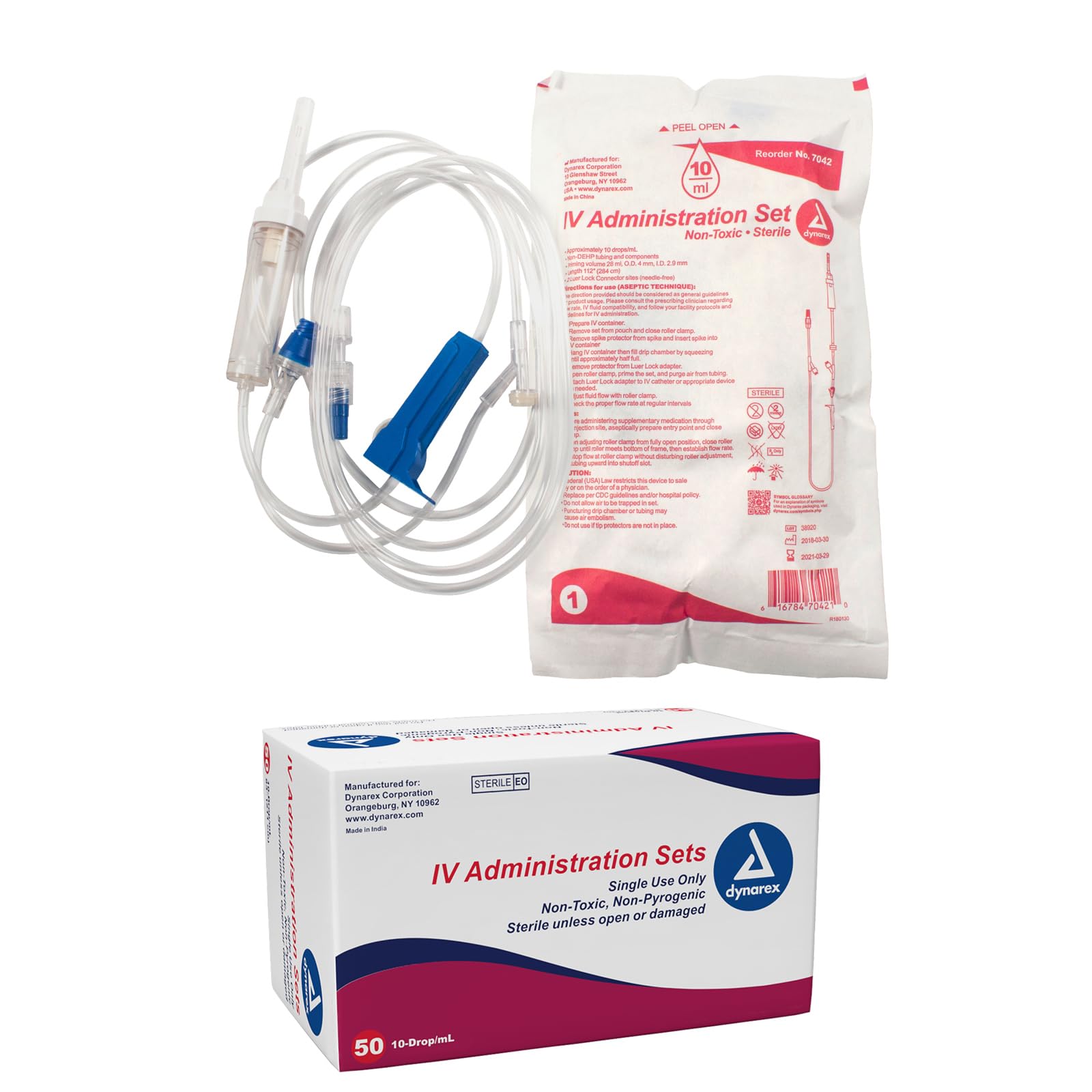 Dynarex 7042 IV Administration Set with 2 Needles Port and Check Valve, 10 Drop/mL, 112