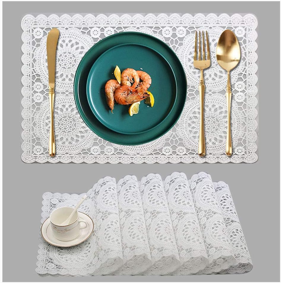 Plastic White Waterproof Placemats Set of 6 for Dining Table Wipe Clean Washable Tablemats Vinyl PVC Table Mats for Kitchen