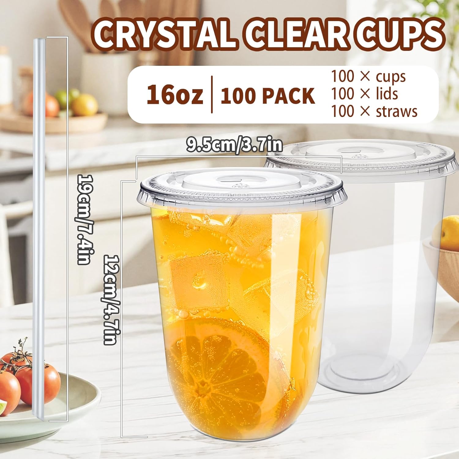 100 Pack Clear Plastic Cups with Lids and Straws,16 oz Disposable Iced Coffee Cups,PET Crystal Cups,Round Bottom To Go Cup for Iced Coffee Juice Smoothie Cold Beverage - Image 2