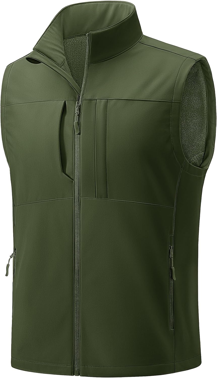 TACVASEN Men's Windproof Lightweight Vest Waterproof with Pockets Softshell Sleeveless Fleece Jacket for Hiking Golf