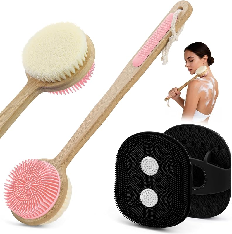 Vynusio Conjunto com 2 Escovas para Banho e Corpo, Escova de Silicone com Cabo Longo
