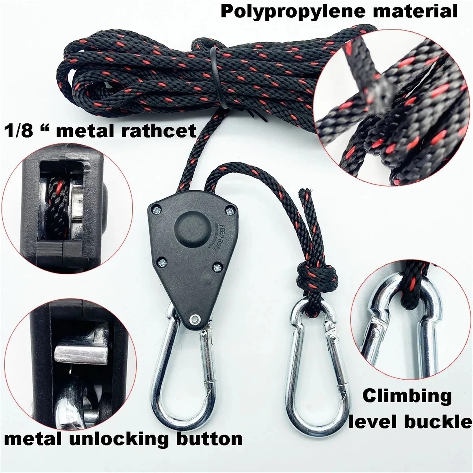 Tensor de cuerda de amarre para tienda de campamento, 6 piezas, fijación de cuerda de viento, hebilla de polea, perchas de trinquete, gancho de cuerda de toldo (2 m 6 piezas)