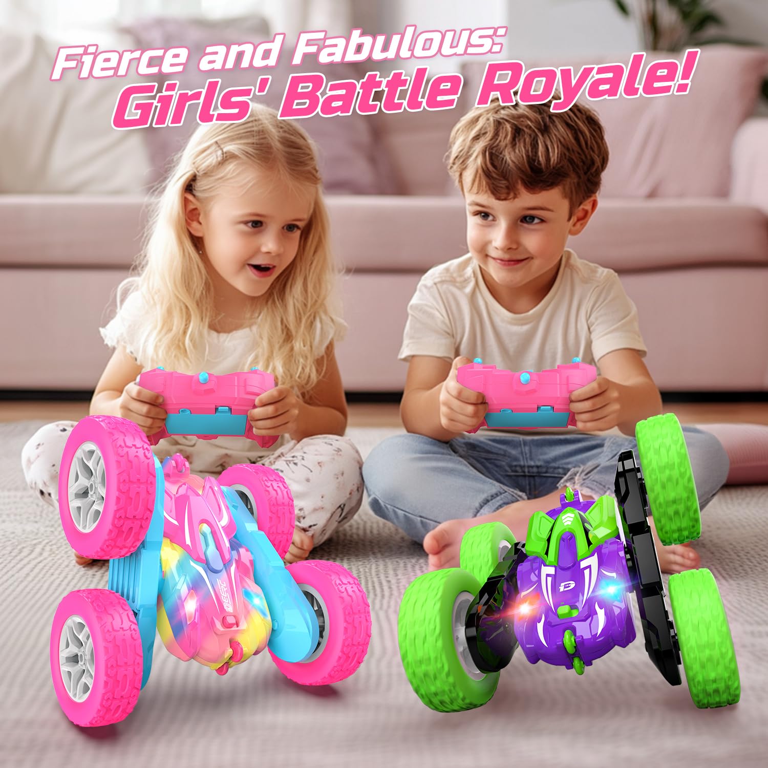 DEERC Rosa Ferngesteuertes Auto für Mädchen mit Buntem Licht, RC Stuntautos, 360° drehbares RC Stuntauto 4WD RC Spielzeugautos für Mädchen ab 6 Jahren