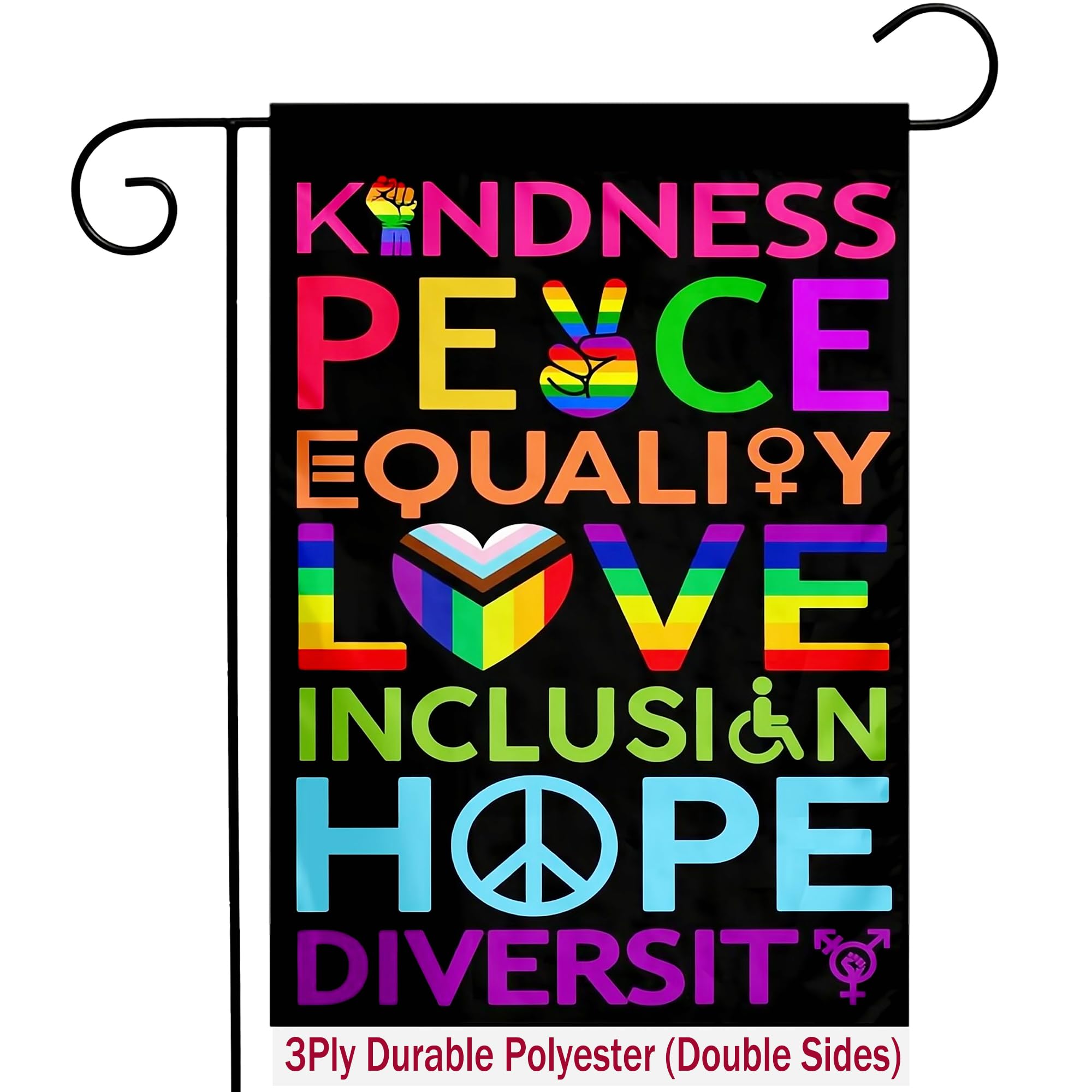 Pride Garden Flag - Kindness, Peace, Equality, Love, Inclusion, Hope, Diversity - Rainbow, Lesbian, LGBTQ - 12 x 18 inch Double Sided Outdoor Yard Sign Decoration