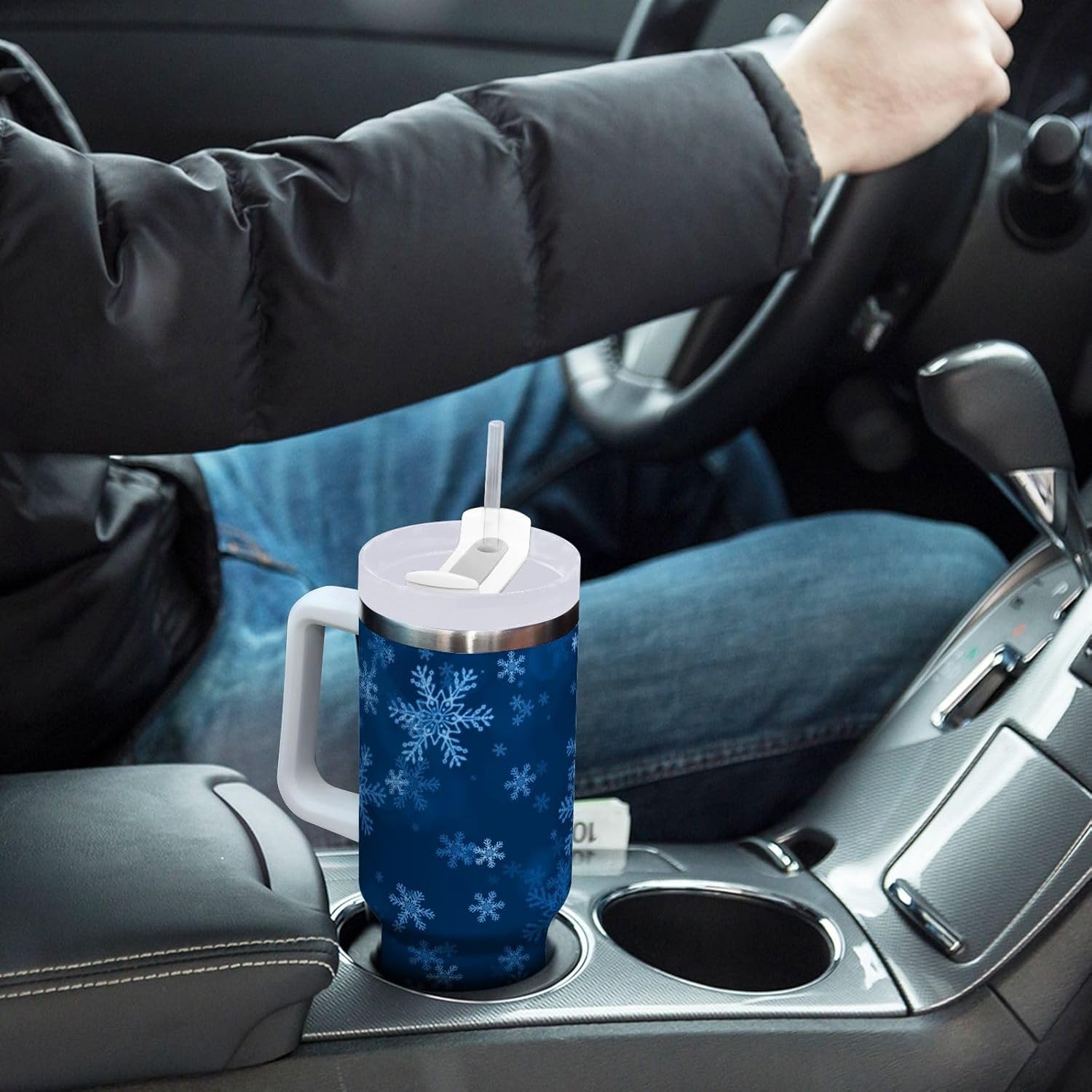 YETTASBIN Christmas Blue Snowflake 40 oz Tumbler with Handle, Stainless Steel Vacuum Insulated Sports Water Bottle, Leak-proof Travel Coffee Mug Cup with Lid and Straw for Water, Iced Tea or Coffee