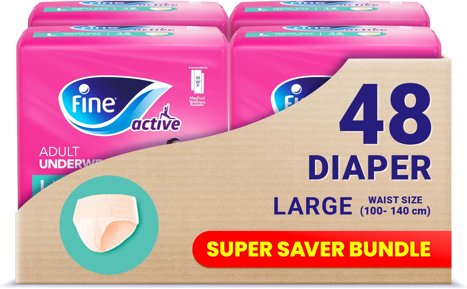 Fine Active Postpartum and Incontinence Underwear for Women, Large size, 100 - 140cm waist, 48 Diapers