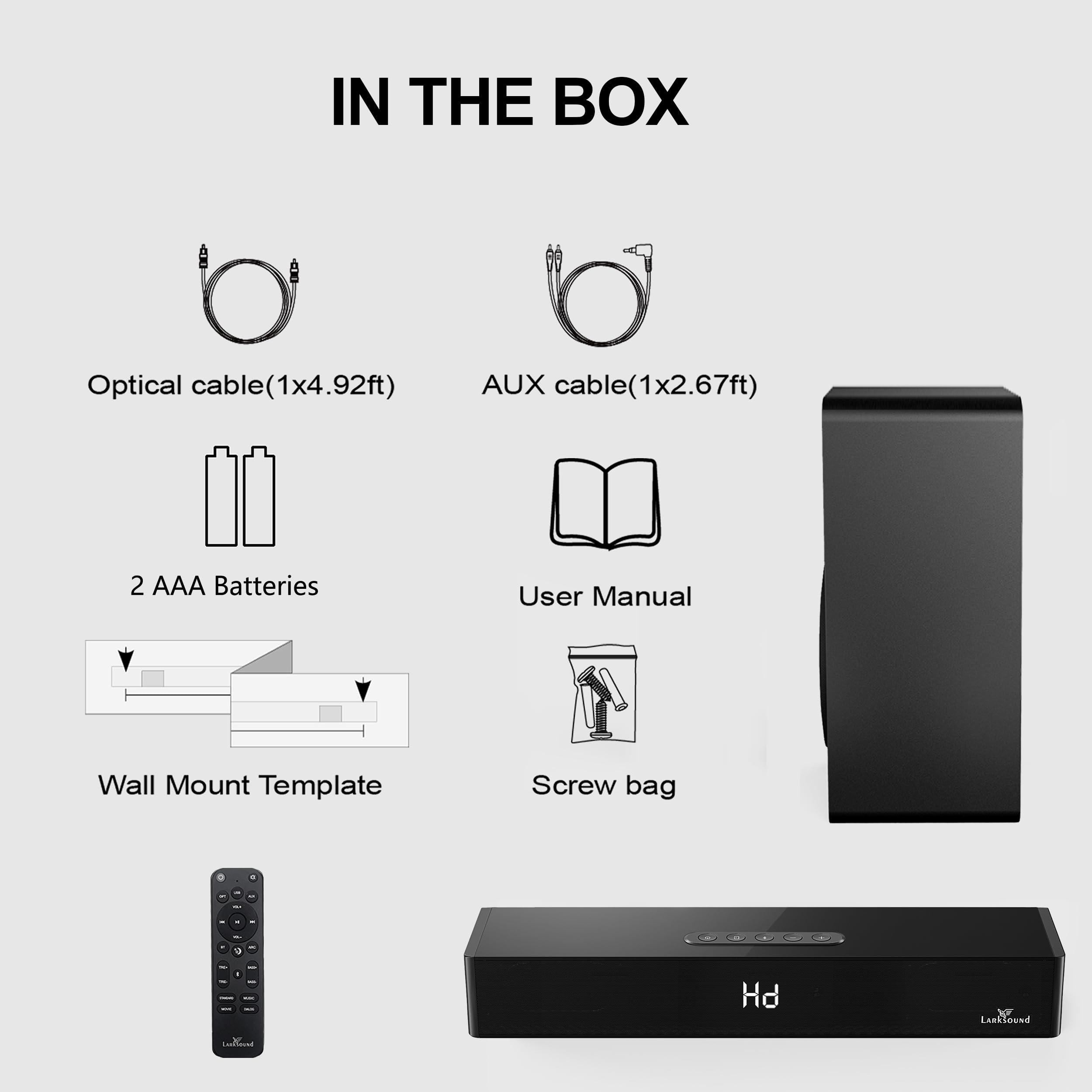 LARKSOUND Barre de son 2.1 avec caisson de basses, barre de son 16 pouces pour TV avec connexions HDMI/optique/AUX/Bluetooth/USB