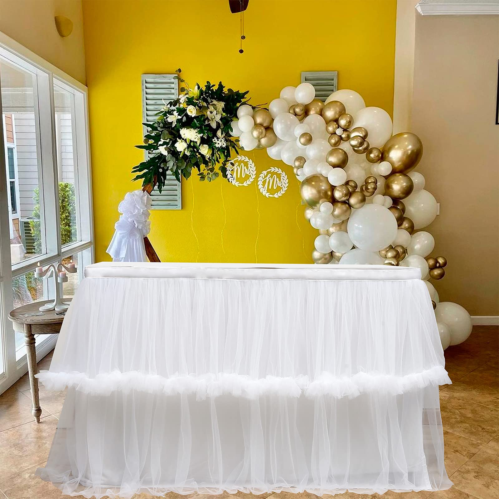 rismart Tulle Gonna Tavolo Tutu Gonne da Tavolo per Baby Shower Bianco,76 H x L 190 cm