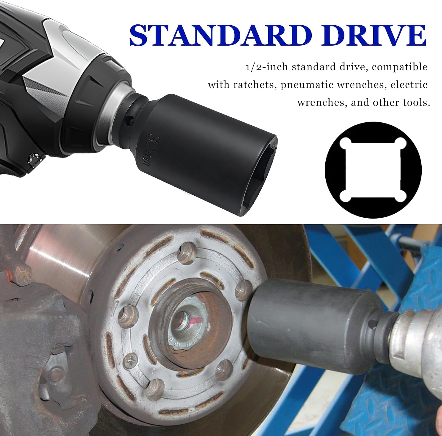 Anti-Rust Axle Nut Socket for Car, 32mm 1/2 Drive 6 Point Impact Sockets for Easy Removal of Axle Nut, Professional Deep Impact Wheel Lock Removal Tool for Cars Trucks SUVs
