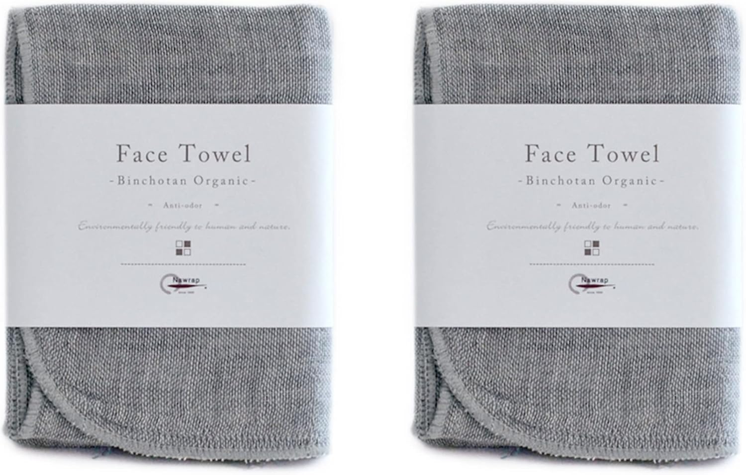 Nawrap IPPINKA Organic Binchotan Face Towel, Set of 2, Naturally Anti-Odor, Gray/Ivory