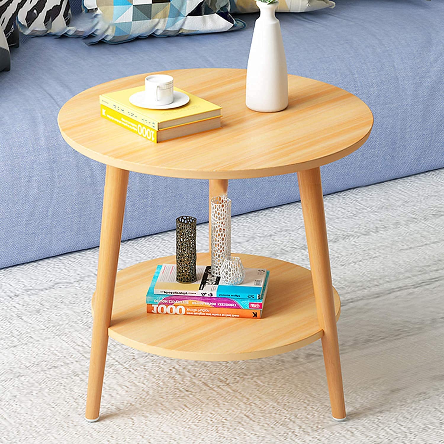 Table de chevet nordique ronde en bois massif avec deux étagères