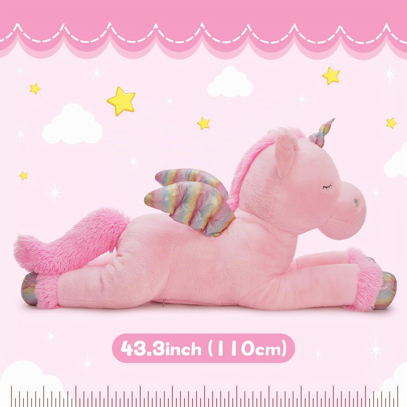 MorisMos XXL Unicornio Peluche Grande, 110cm Rosa Unicornio Gigante con Alado, Kawaii Suave Animal de Peluche Regalos para Niños Novia Cumpleaños Navidad
