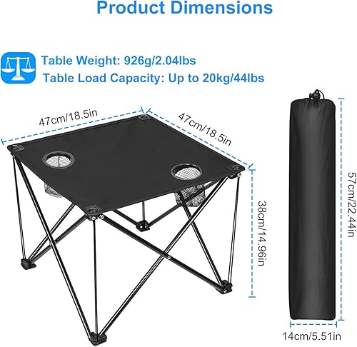 Miniatura 3 de Mesa auxiliar plegable para campamento, mesa de campamento portátil para exteriores con 2 portavasos y bolsa de transporte, marco de acero, tela