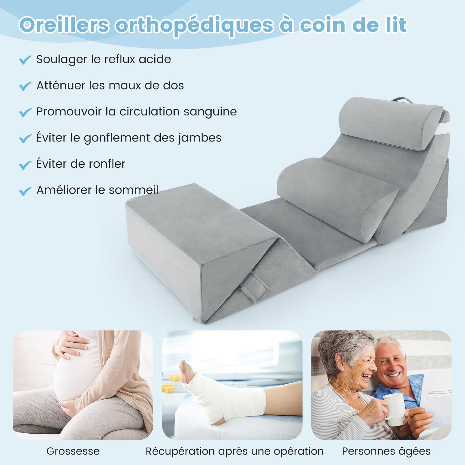 COSTWAY Lesekissen für Bett und Sofa, Venenkissen zum Beine hochlagern, 3-teiliges orthopädisches Keilkissen-Set nach Operationen gegen Schnarchen, Sodbrennen & Rückenschmerzen, Weiß