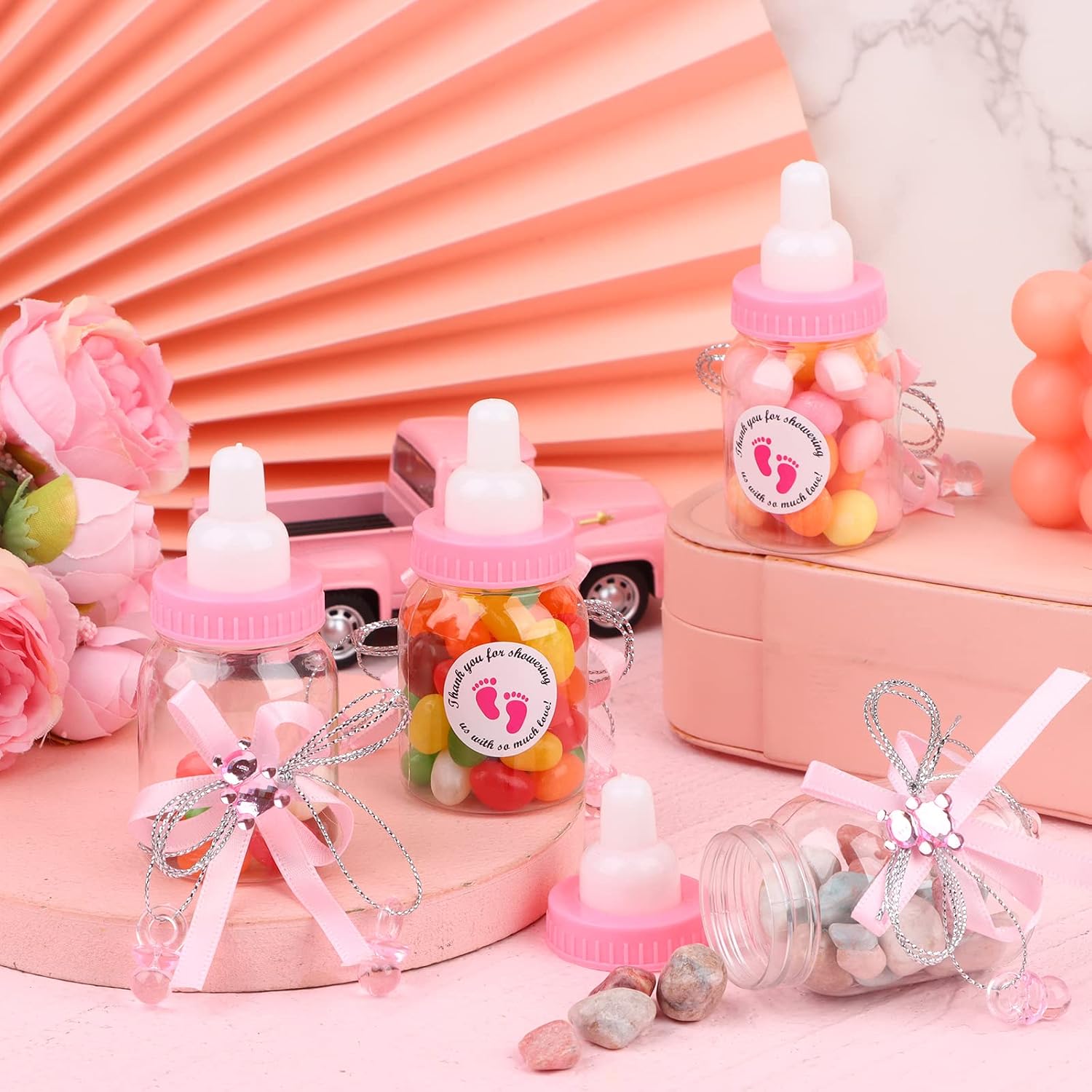 62 Pcs 3.5 Inch Baby Mini Milk Bottle Baby Shower Favor with 500 Adhesive Thank You for Showering Stickers, Small Plastic Bear Candy Bottle for Boy Girl Newborn Baptism Party Decor (Pink) image 4
