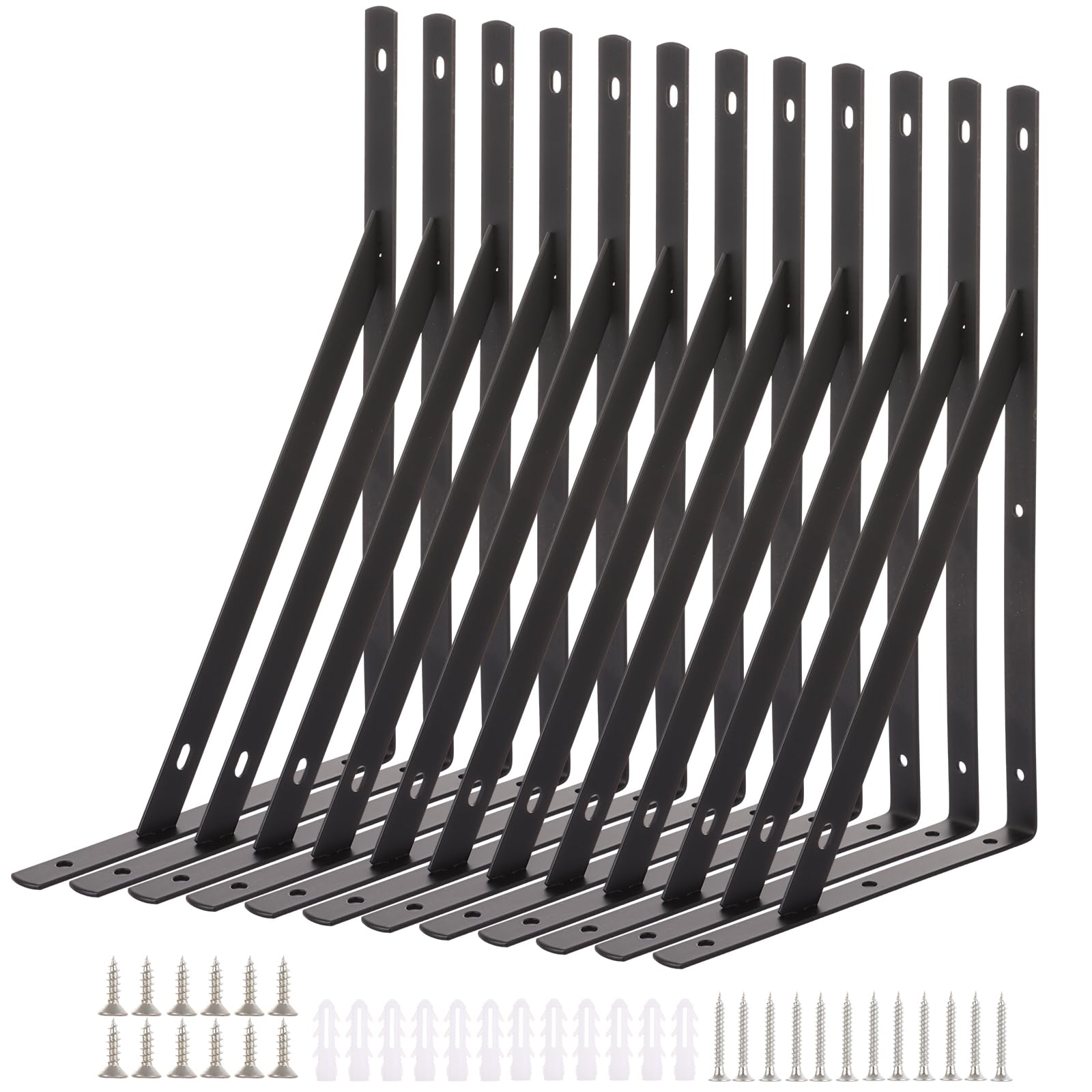 MEIDIV Set of 12 Black Shelf Brackets Heavy Duty 300mm, 12inTriangle Shelving Brackets, Steel Shelf Bracket, Right Angle Wall Brackets for Shelves, Scaffold Board Floating Shelf Supporters Brackets
