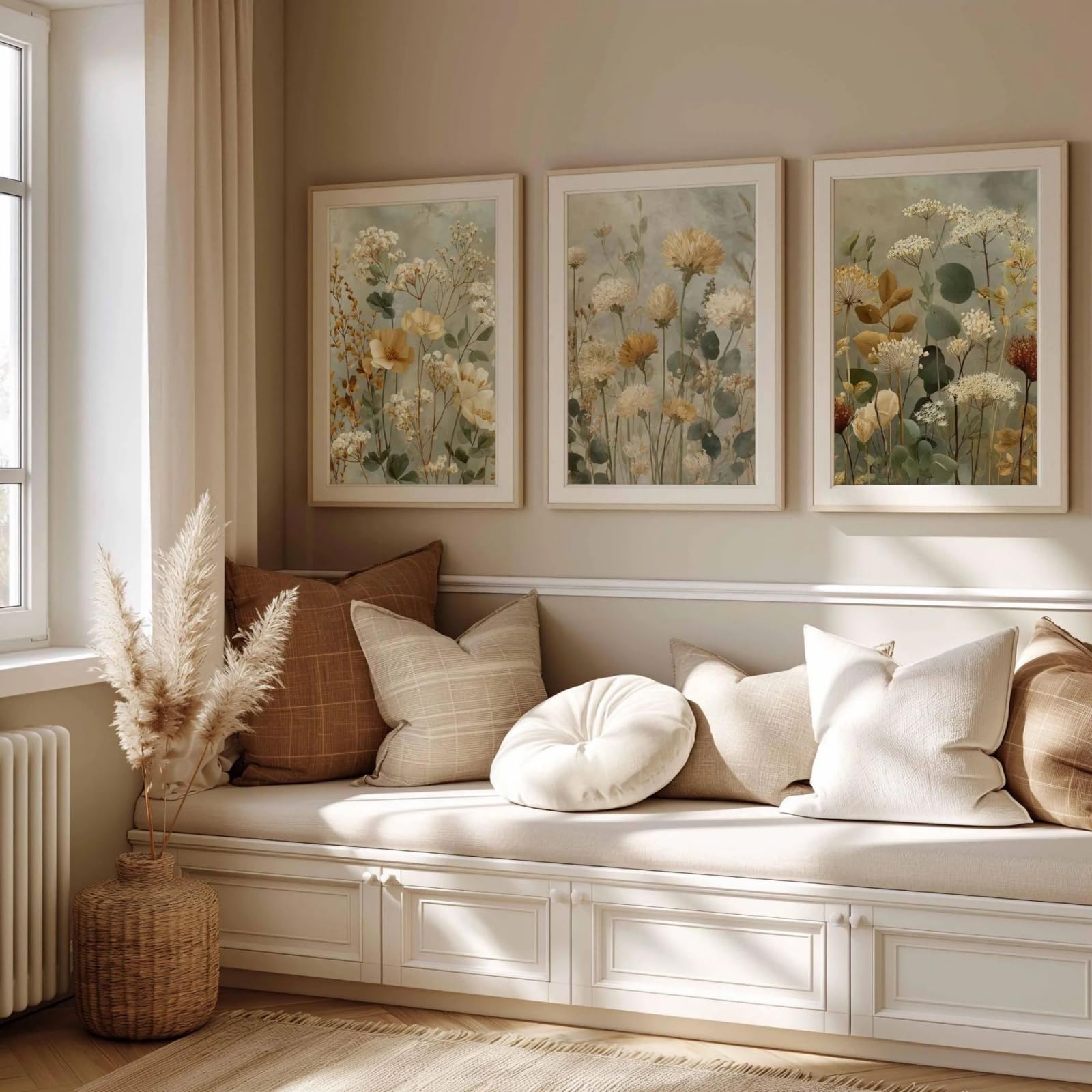 JORCEDI Botanical Poster Set of 3, Boho Vintage Wildflower Canvas Wall Art, Earth Tones Aesthetic Room Decor, 21x30, 30x40, 40x50, 50x70 cm, Unframed (30x40 cm,A)