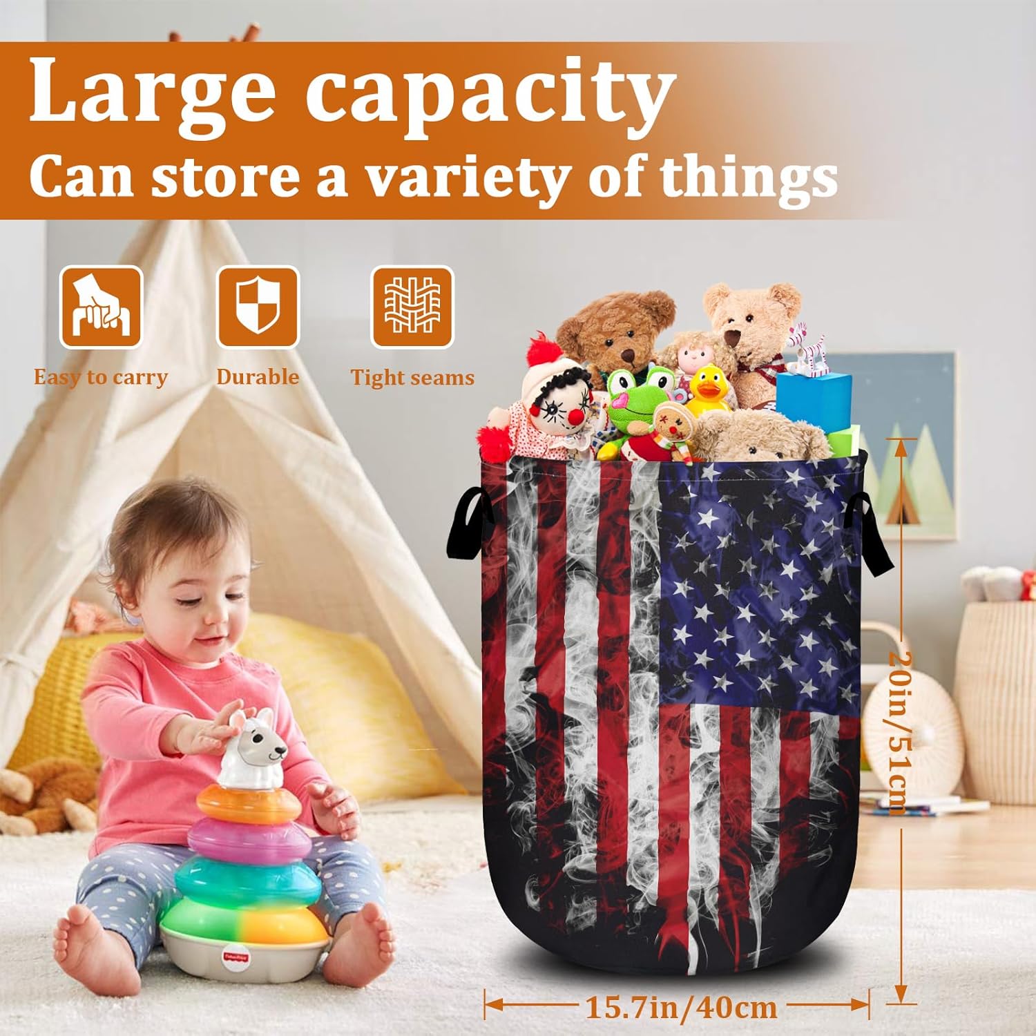 Smoke USA Flag Laundry Basket with Sturdy Handles, Memorial Day Patriotic Collapsible Oxford Cloth Laundry Hamper Organizer Basket for Bathroom Bedroom 15.7x20 Inch