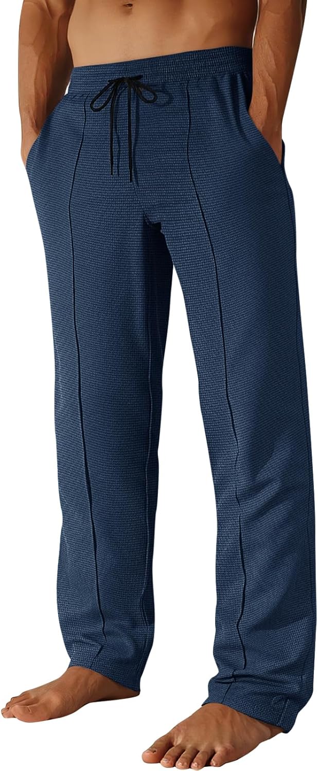 Runcati Mens Casual Sweat Pants Pleated Drawstring Elastic Waist Waffle Straight Leg Joggers Sweatpants with Pockets