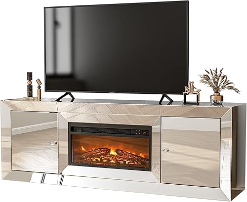 Miniatura 9 de IKIFLY Soporte de TV con chimenea de espejo para TV de más de 65 pulgadas, soporte de TV con chimenea, calentador independiente de mantel plateado