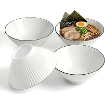 Ceramic Ramen Bowls Set of 4, 33 oz, 8 Inch White with Black Rim