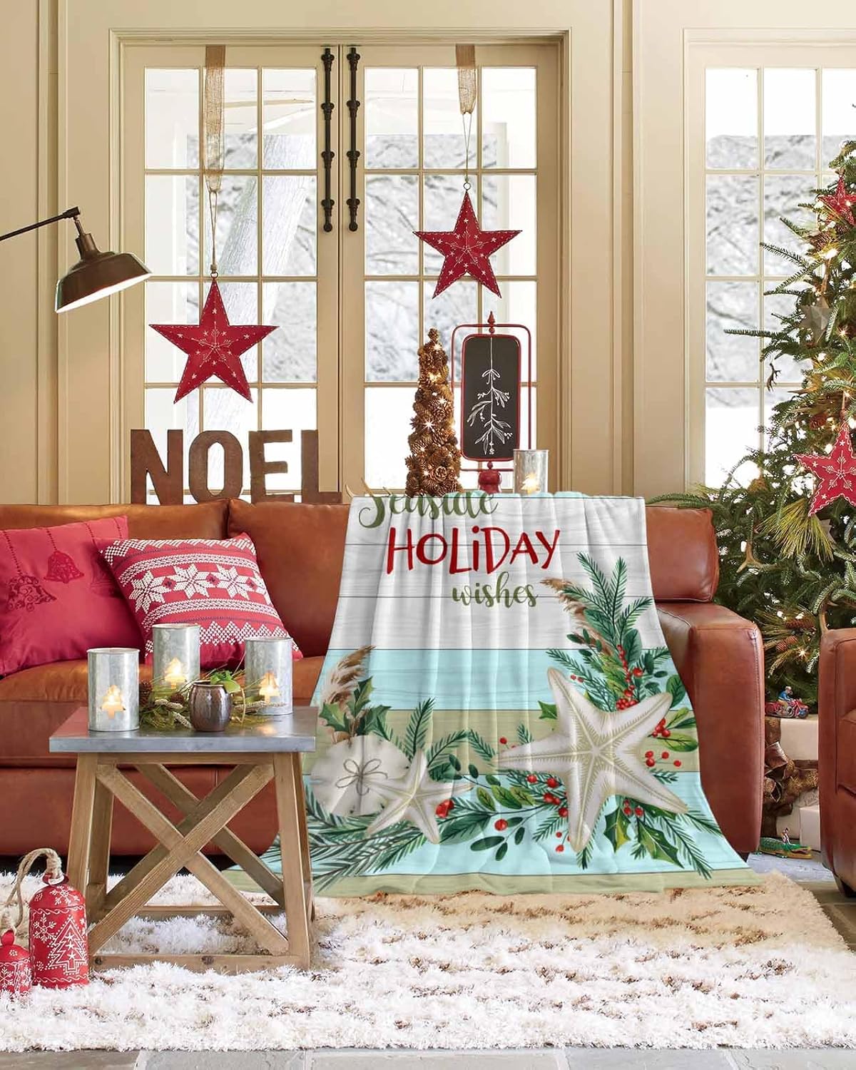 Coastal Christmas Throw Blanket Flannel Fleece, Soft Plush Cozy Baby Blankets, Seaside Holiday Wishes Xmas Beach Starfish Blankets Throws Warn Fuzzy Blanket for Couch/Sofa/Chair/Travel 50"x60"