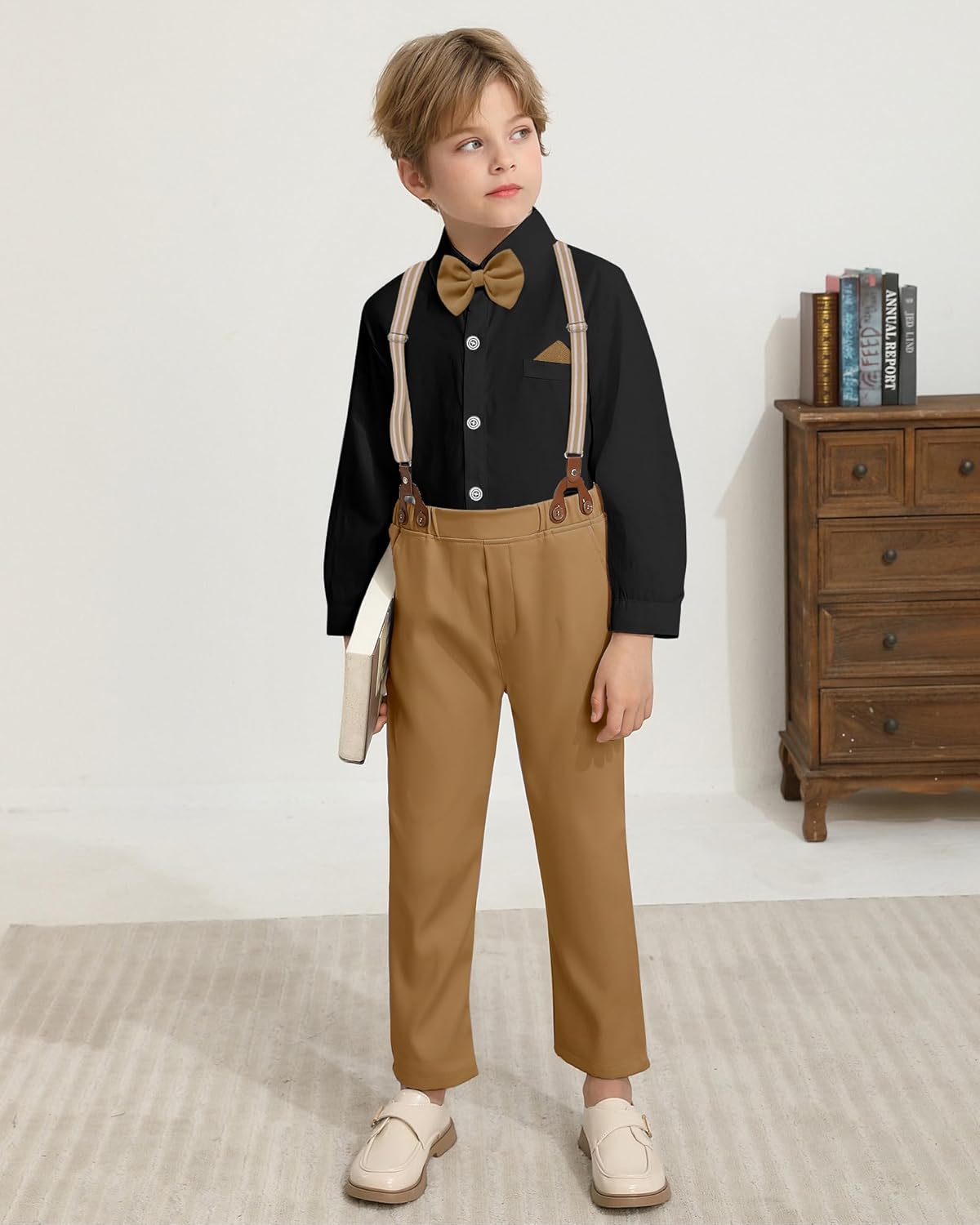 DISAUR Boys Suits 3 Pieces Formal Dress Shirt with Bowtie+Suspender Pants Boy Gentleman Outfits Set 4-8 Years - Image 6
