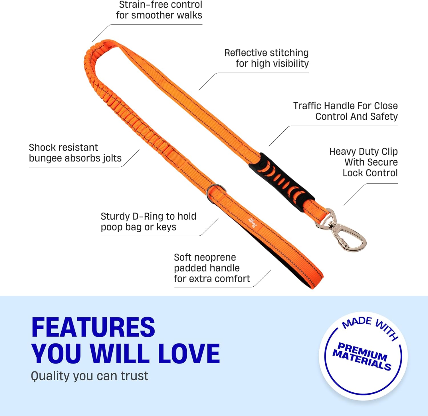 Dog Friendly Co. Bungee Dog Leash | Strain Free & Shock Resistant for Control | Neoprene Padded Handle, Heavy-Duty Carabiner Clip, and D-Ring | Hi-Vis Orange, Size Small