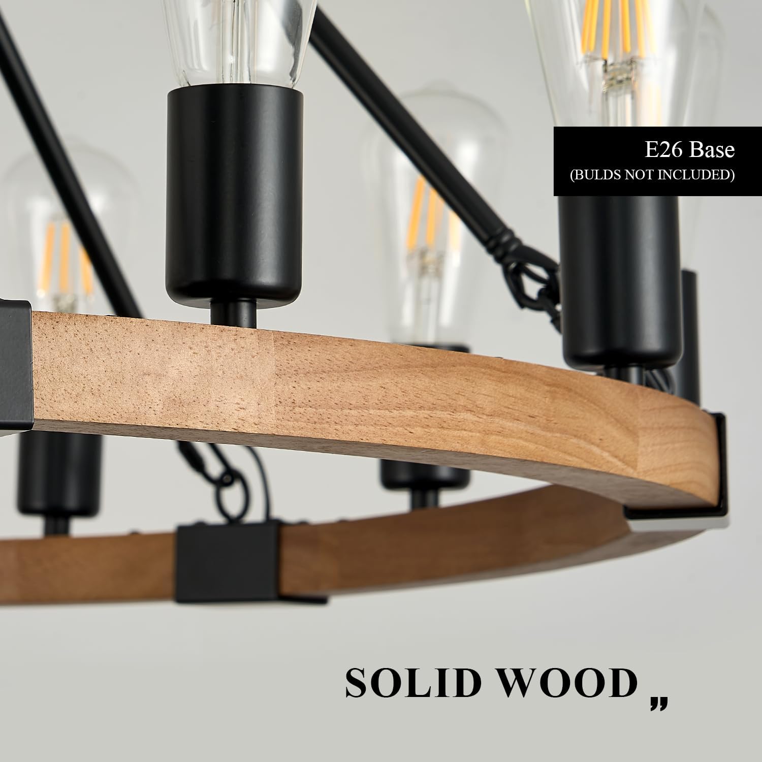 12 Lights Wooden Wagon Wheel Chandeliers Farmhouse 31.5'' Oak Wood Round Chandelier Black Metal Rustic Pendant Light Fixture for Living Dining Room Entryway Foyer Kitchen