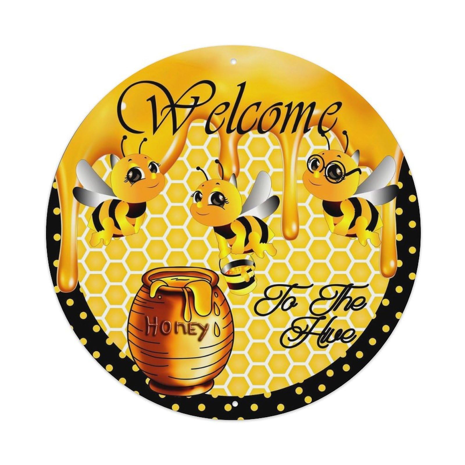 Iageret Vintage Welcome To The Hive Honey Bees Round Metal Tin Sign Wall Decor, Bar Garage Cafe Kitchen Home Wall Art Poster 8X8inches