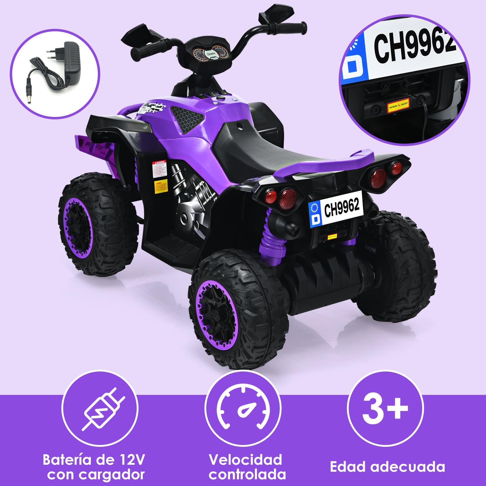 COSTWAY Quad Coche Eléctrico para Niños con Velocidad Regulable, 12V Vehículo de Juguete a Batería con Luces LED, Música y Pedal, Camión Eléctrico para Niños de 3 a 8 Años (Morado)