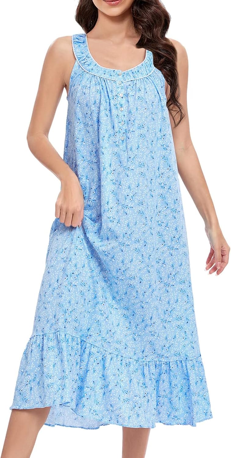FMIRREO Cotton Nightgown for Women Sleeveless Soft Comfy Night Gown Ladies Long Nightdress Kintted Sleepdress