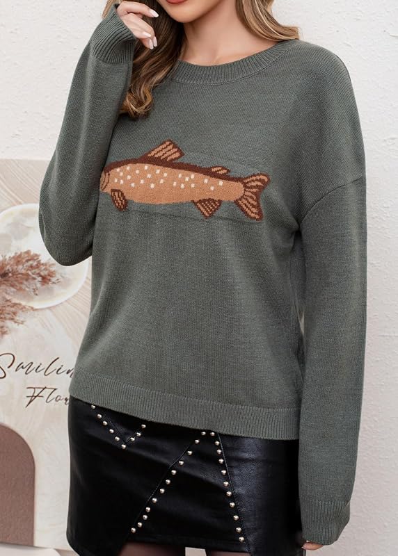 CHARTOU Women Fashion Crew Neck Rib Knit Crucian Carp Graphic Oversized Y2k Pullover Sweater Jumper (Small, Dark Green) image 3