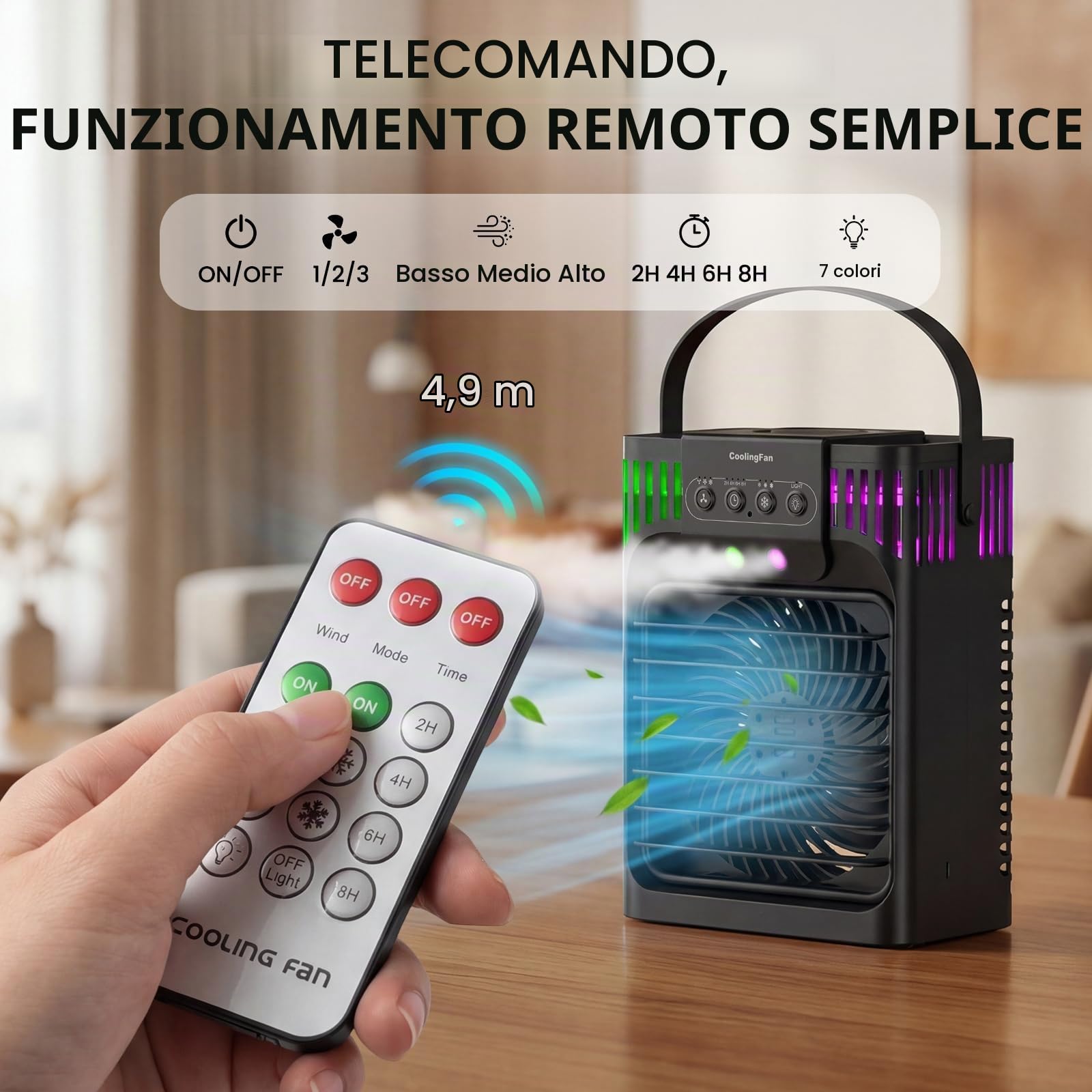 Climatizzatore mobile 4 in 1, con telecomando, 3 velocità, 3 modalità di nebulizzazione, serbatoio dell'acqua da 1200 ml, timer da 2 a 8 ore, luce notturna, mini condizionatore per stanza