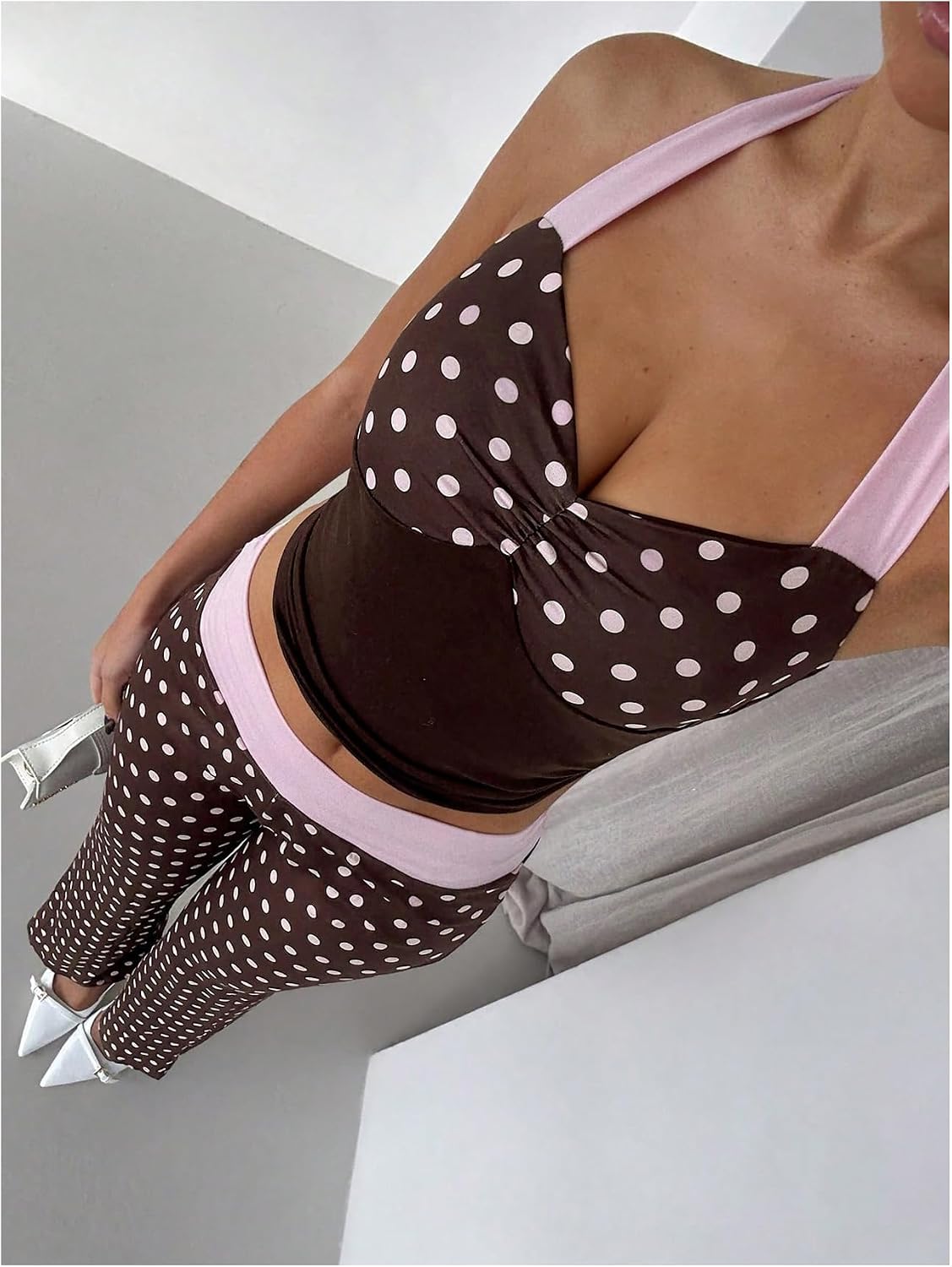 Floerns Women's Polka Dots Workout Sets Colorblock Halter Tops and Pants Matching Sets